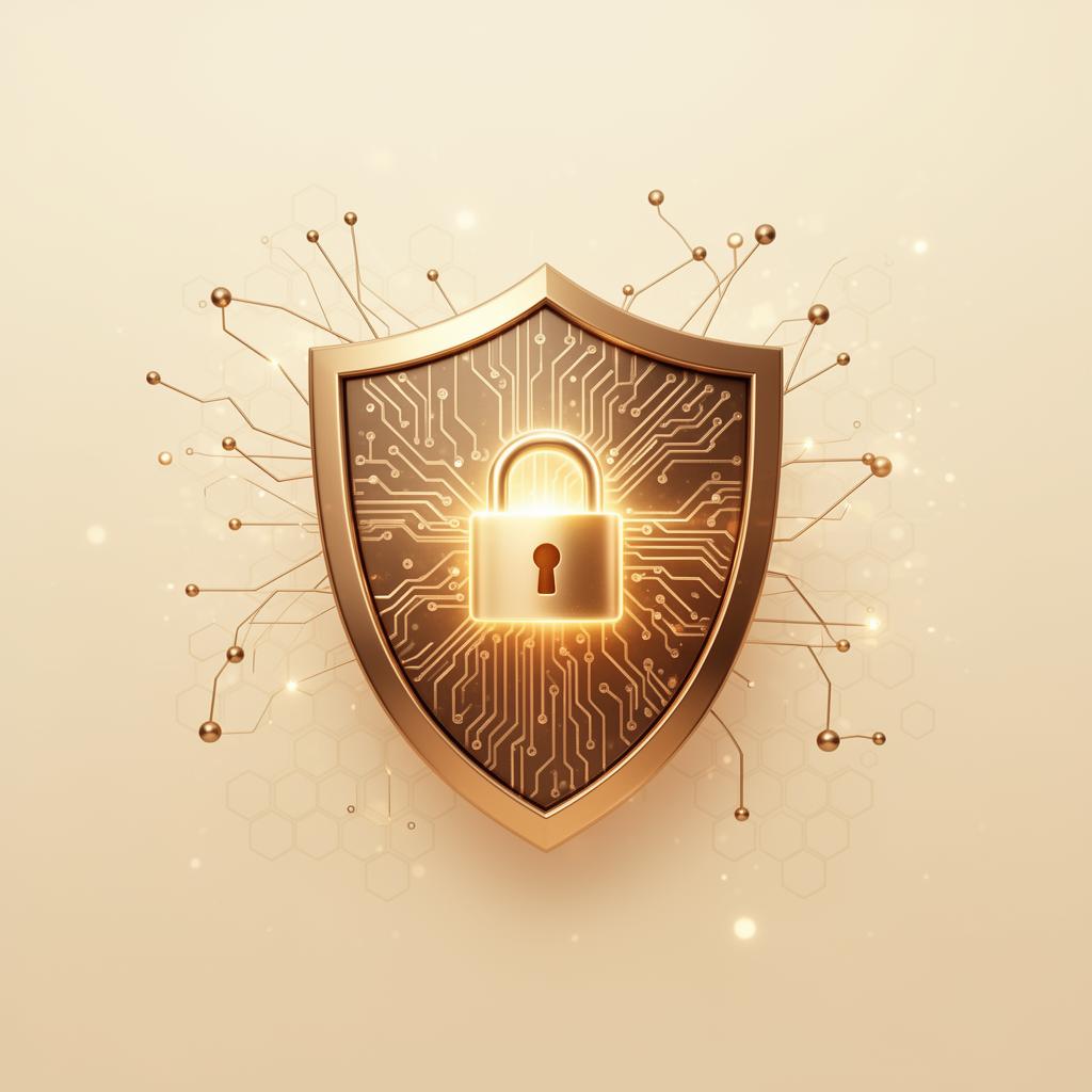 Glowing cyber shield with circuitry, padlock, and connected network nodes